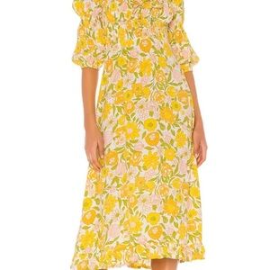 Faithful the brand Jean Marie yellow floral puff sleeve midi dress
